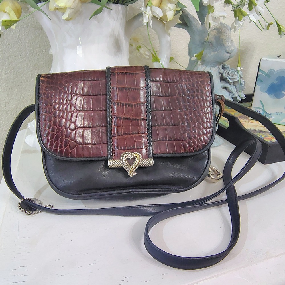 BRIGHTON Crossbody Bag Womens Small Black Brown Croc Embossed Leather Heart - Picture 1 of 10